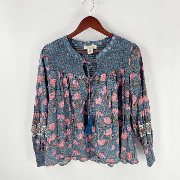 Rachel Zoe Blue Pink Floral Print Long Sleeve Smocked Peasant Blouse Size Medium - Picture 10 of 10
